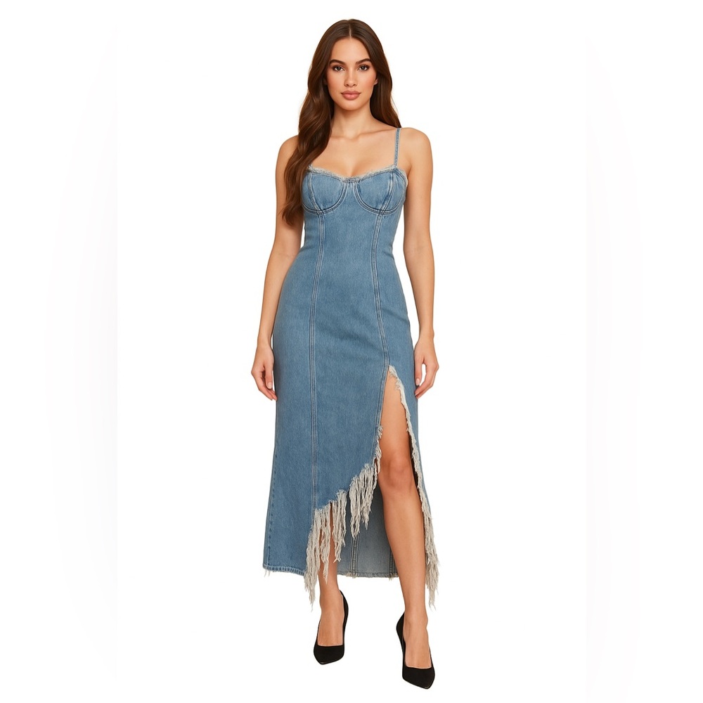 Good American Blue Denim Maxi Dress with Frayed Slit